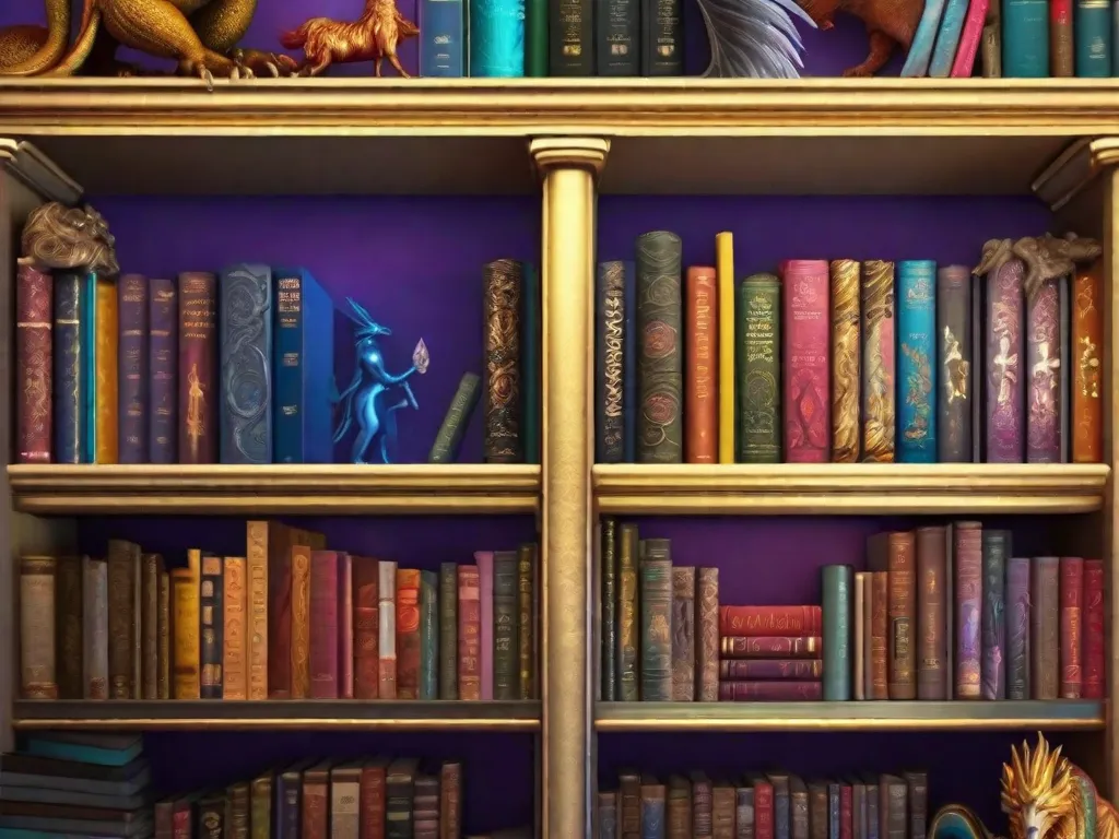 Descrição da imagem: Uma estante de livros vibrante, repleta de romances de fantasia coloridos, mostrando o ressurgimento da literatura de fantasia no Brasil. Os livros são adornados com capas intricadas que retratam criaturas míticas, paisagens mágicas e heróis corajosos, convidando os leitores a entrarem em um mundo de imaginação e encantamento.