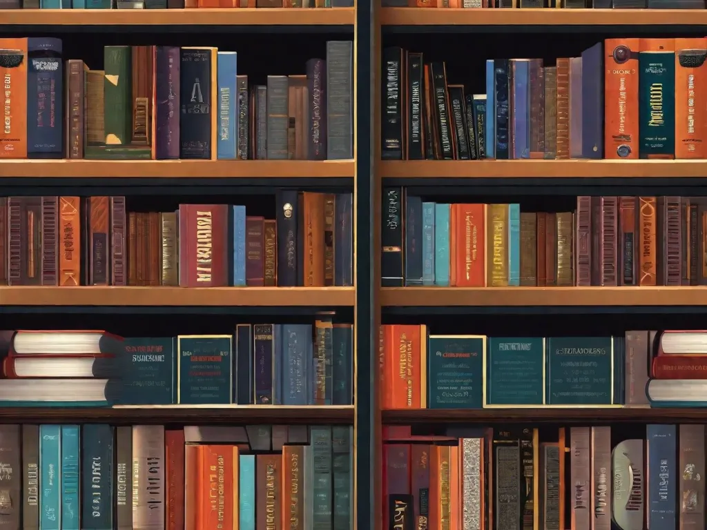 Descrição: Uma imagem em close-up de uma estante repleta de vários romances de ficção científica, destacando-se vários livros escritos por Isaac Asimov. Os títulos estão dispostos em ordem cronológica, mostrando a prolífica carreira do autor e seu impacto significativo no gênero da ficção científica.