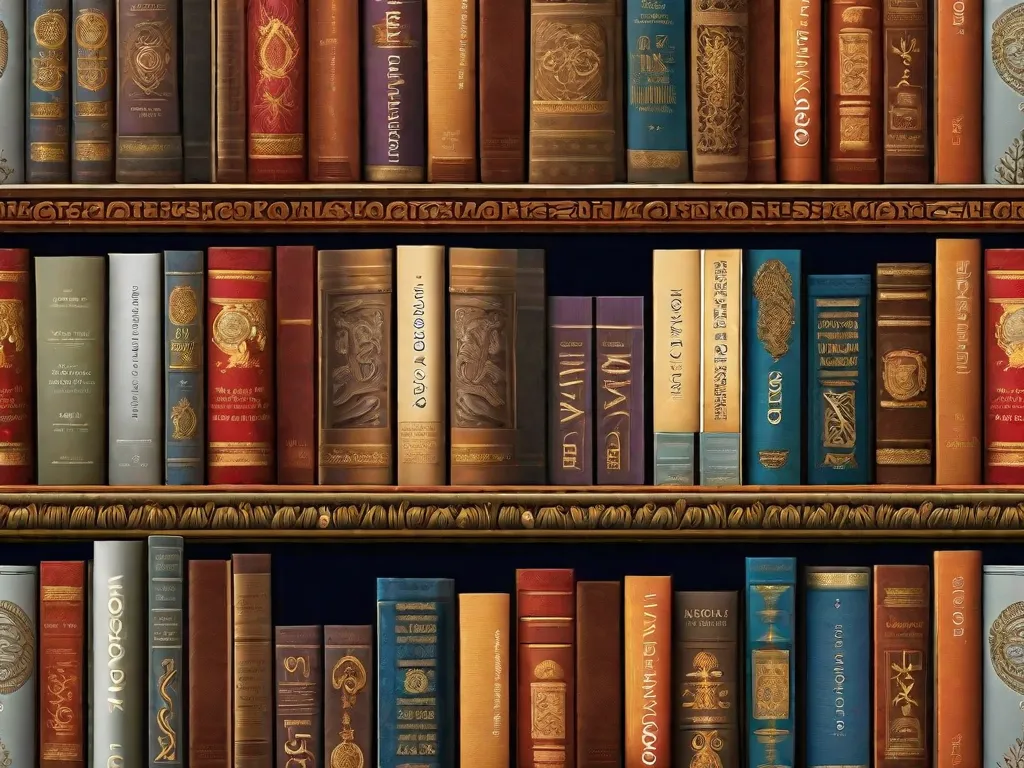 Uma imagem vibrante de uma estante de livros repleta de romances modernos, adornada com ilustrações intricadas inspiradas na Grécia. Os títulos proeminentes como