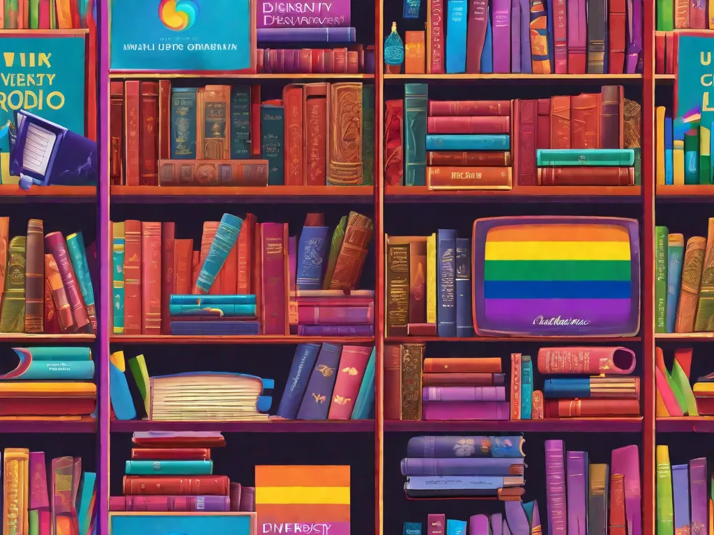 Descrição da imagem:
Uma estante de livros vibrante e colorida, cheia de livros que representam a diversidade da literatura LGBTQ+. Os livros estão adornados com várias bandeiras e símbolos que representam diferentes identidades e comunidades dentro do espectro LGBTQ+. Essa imagem simboliza o poder da literatura LGBTQ+ em promover diversidade cultural e inclusão.