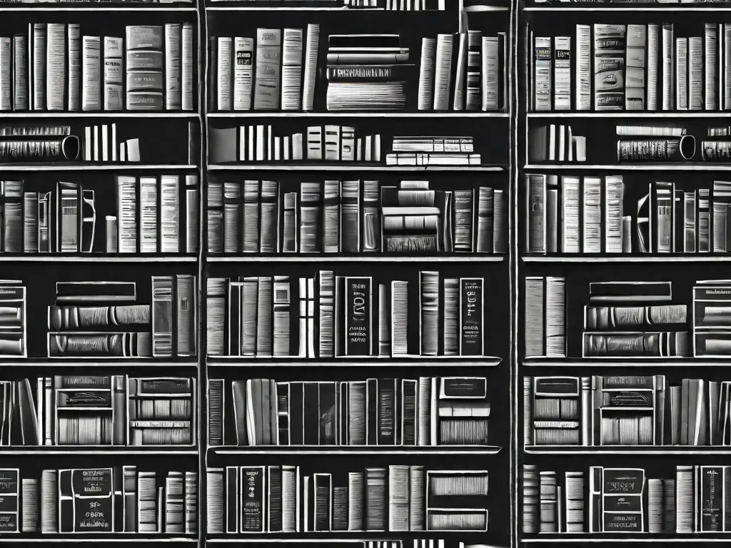 Uma imagem em preto e branco de uma estante de livros cheia de literatura clássica brasileira, com títulos como