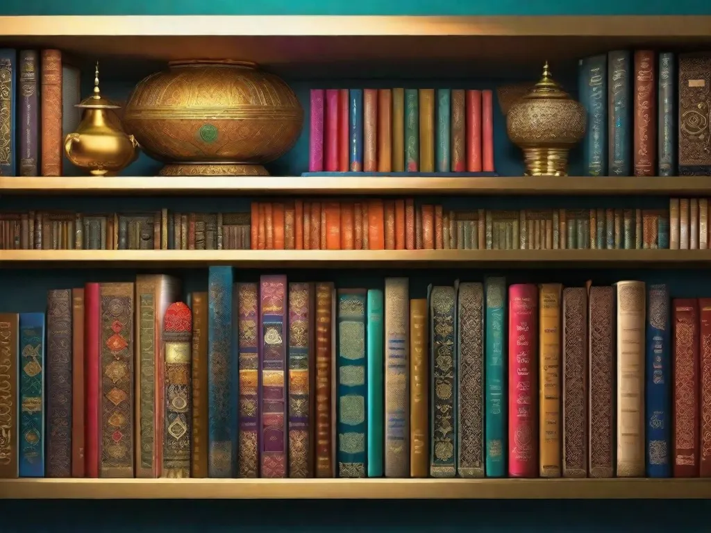 Uma imagem de uma estante de livros lindamente decorada, cheia de clássicos da literatura persa antiga, como as obras de Rumi, Hafez e Ferdowsi. Os livros são adornados com caligrafia intricada e cores vibrantes, simbolizando o rico patrimônio cultural e a influência duradoura da literatura persa no mundo.