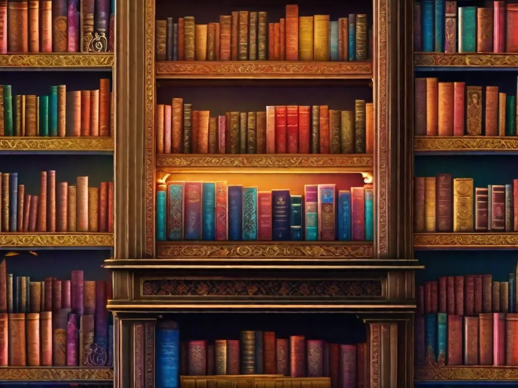 Uma imagem vibrante de uma estante de livros repleta de belas obras da literatura persa, exibindo a rica herança cultural e influência da literatura persa no mundo. Os livros são adornados com caligrafia intricada e ilustrações coloridas, representando os diversos temas e narrativas cativantes encontradas nesses tesouros literários.