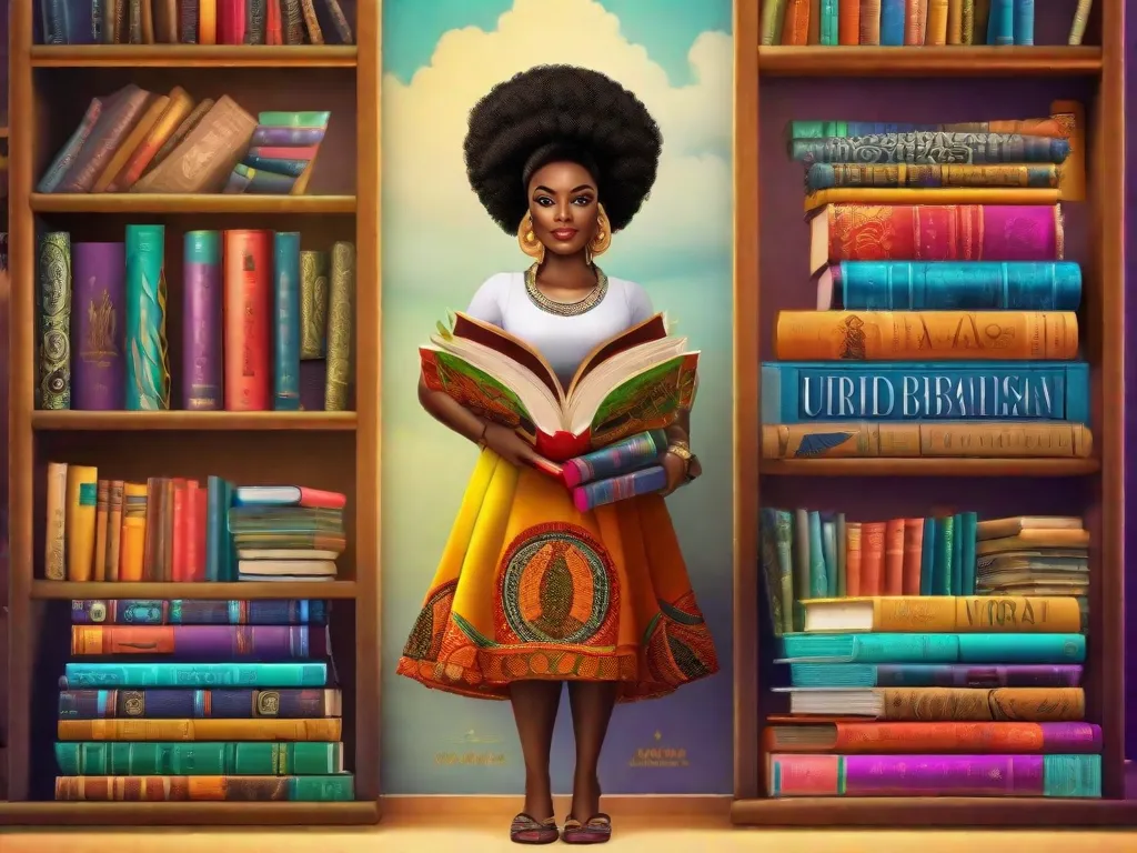 Uma imagem vibrante de uma estante de livros cheia de livros coloridos escritos por autores afro-brasileiros. Cada livro mostra a rica influência da cultura iorubá, com capas vibrantes que retratam símbolos e motivos tradicionais iorubás. A imagem captura a diversidade e a beleza da literatura afro-brasileira inspirada na herança iorubá