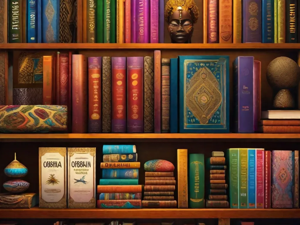 Uma imagem vibrante de uma estante de livros cheia de livros coloridos escritos por autores afro-brasileiros. Cada livro mostra a rica influência da cultura iorubá, com capas vibrantes que retratam símbolos e motivos tradicionais iorubás. A imagem captura a diversidade e a beleza da literatura afro-brasileira inspirada na herança iorubá
