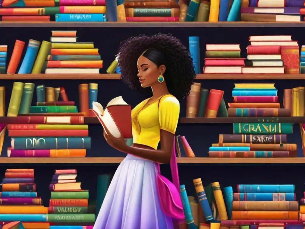 Uma estante de livros vibrante adornada com uma variedade de livros coloridos que representam a diversa e influente literatura do Brasil. Cada livro exibe as histórias, vozes e perspectivas únicas que cativaram leitores em todo o mundo, simbolizando o impacto duradouro da literatura brasileira no cenário global em 2023.