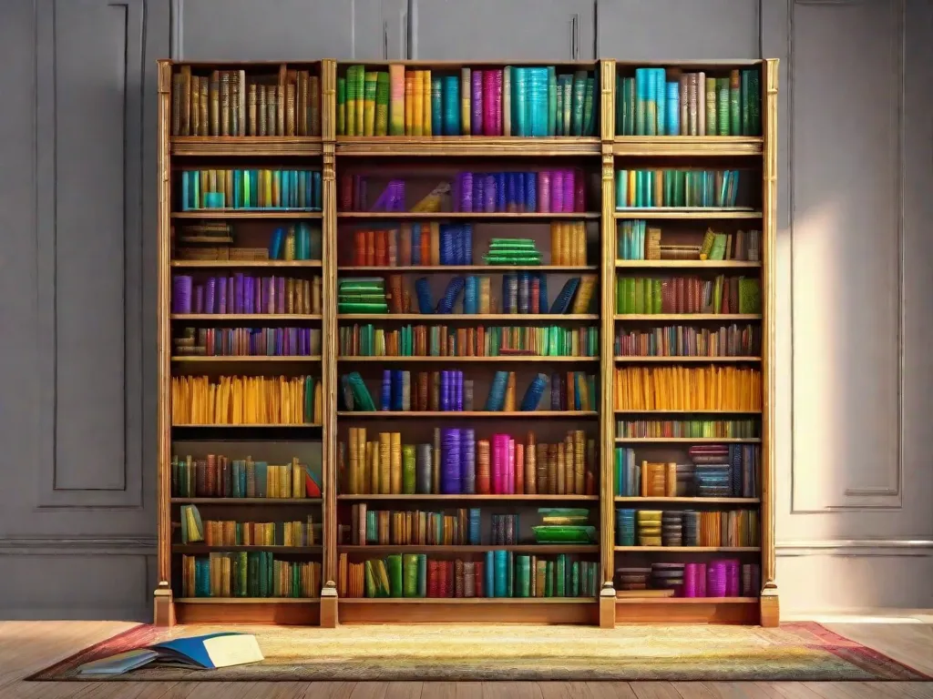 Uma imagem vibrante de uma estante de livros repleta de obras coloridas que representam trabalhos icônicos da literatura brasileira. Os livros estão em pé, simbolizando o impacto da literatura brasileira no cenário global. Raios de luz brilham nos livros, destacando sua influência e iluminando o mundo com a riqueza da narrativa brasileira.