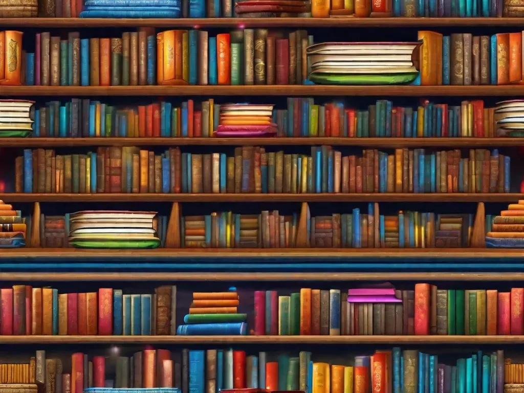 Uma imagem vibrante de uma estante de livros cheia de livros coloridos, representando a rica e diversa literatura influenciada pela cultura Iorubá na literatura afro-brasileira. Cada livro é adornado com símbolos e motivos Iorubá, simbolizando a profunda conexão entre as tradições Iorubá e as obras literárias que elas inspiram.