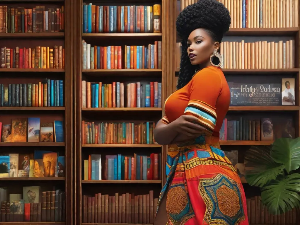 Descrição da imagem: Uma estante de livros vibrante e diversificada, cheia de livros de diversos gêneros, representando a influência da diáspora africana na literatura contemporânea. Os livros mostram uma variedade de perspectivas, vozes e narrativas, destacando a rica herança cultural e contribuições da diáspora africana para o mundo literário.