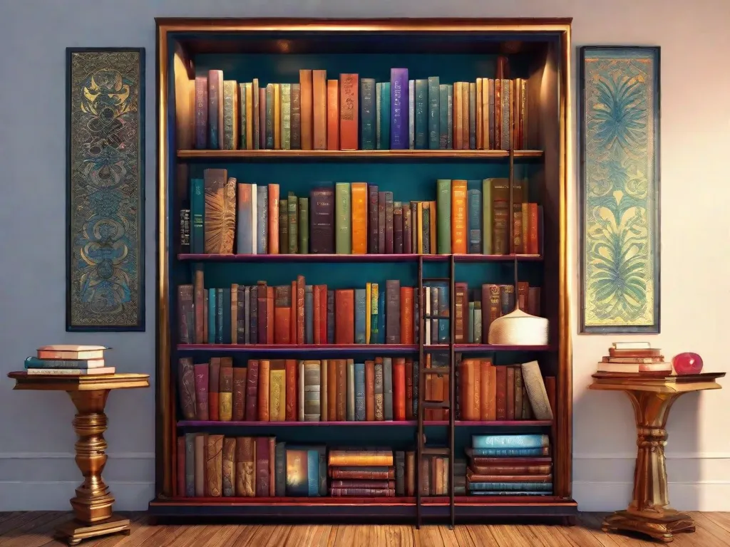 Uma estante de livros vibrante, cheia de livros de diferentes culturas, mostrando a diversidade de histórias e narrativas de todo o mundo. Cada livro representa uma perspectiva cultural única, convidando os leitores a explorar e apreciar a riqueza da literatura global.