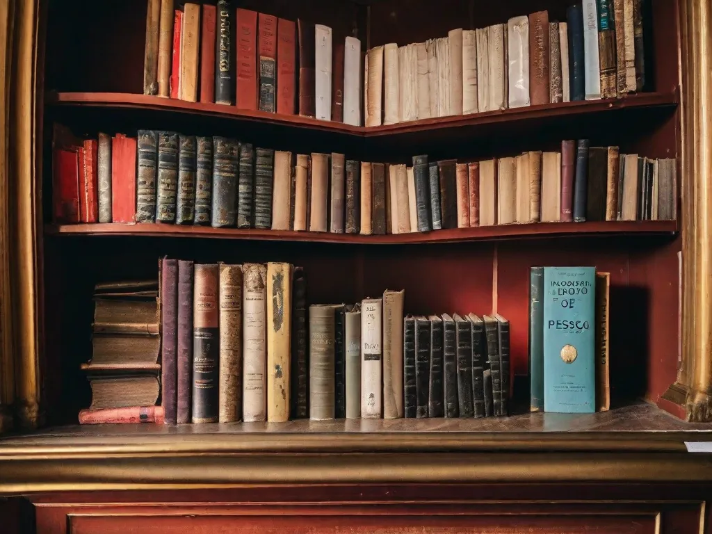 Descrição da imagem: Um close-up de uma estante de livros cheia de vários livros, mostrando diferentes gêneros e estilos. Entre eles, destaca-se uma cópia desgastada de