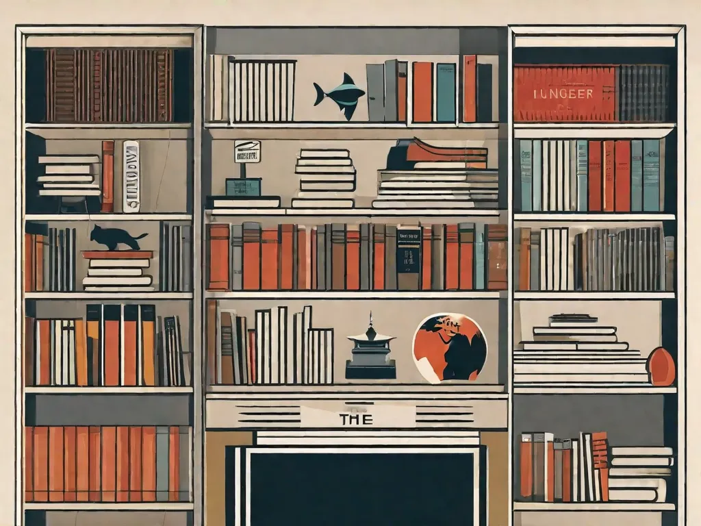 Uma colagem colorida de símbolos icônicos representando o impacto de Aldous Huxley e seu romance 'Admirável Mundo Novo' na cultura contemporânea. A imagem inclui uma mistura de tecnologia futurista, elementos distópicos e conceitos que provocam reflexão, encapsulando a influência duradoura da obra de Huxley.