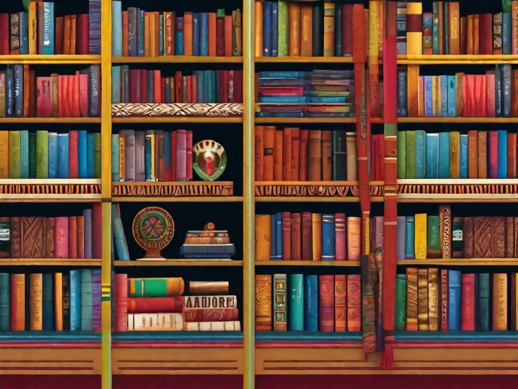 Uma imagem vibrante de uma estante de livros repleta de livros diversos, cada capa adornada com símbolos e obras de arte representando diferentes culturas indígenas. Os livros estão em pé, representando as vozes ricas e variadas das comunidades indígenas no Brasil, ecoando suas histórias, lutas e resiliência através do poder da literatura.