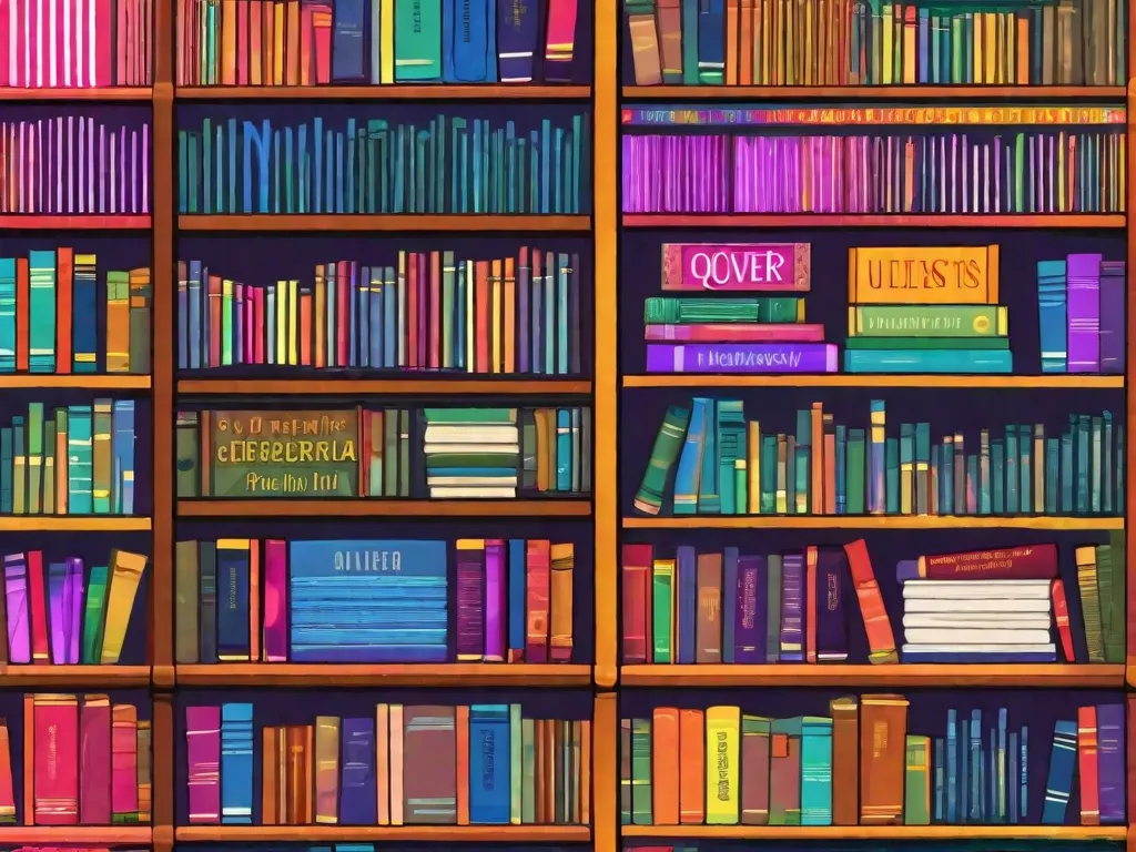 Descrição da imagem: Uma estante de livros vibrante e colorida, repleta de livros de diversos tamanhos e gêneros. Entre eles, há vários títulos de literatura LGBTQ+ exibidos de forma proeminente, mostrando a diversidade e a riqueza das narrativas queer. Os livros são um testemunho do poder da literatura LGBTQ+ na promoção da diversidade cultural e da inclusão.
