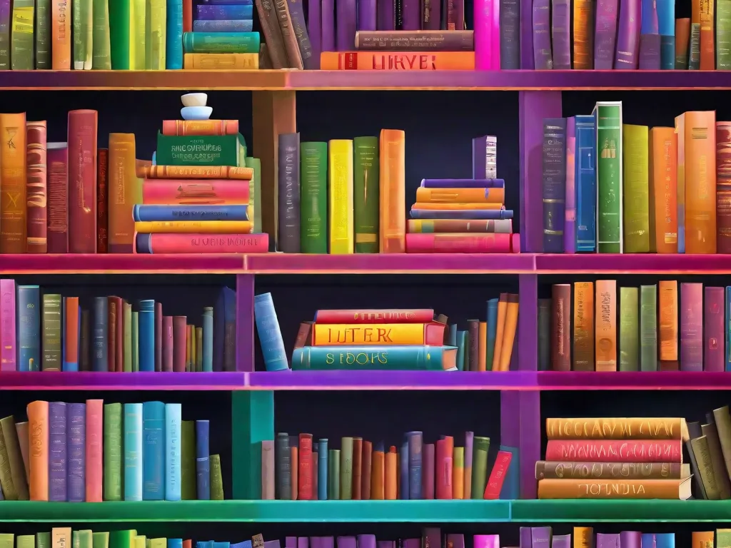 Descrição da imagem:
Uma estante de livros vibrante e colorida, cheia de livros que representam a diversidade da literatura LGBTQ+. Os livros estão adornados com várias bandeiras e símbolos que representam diferentes identidades e comunidades dentro do espectro LGBTQ+. Essa imagem simboliza o poder da literatura LGBTQ+ em promover diversidade cultural e inclusão.