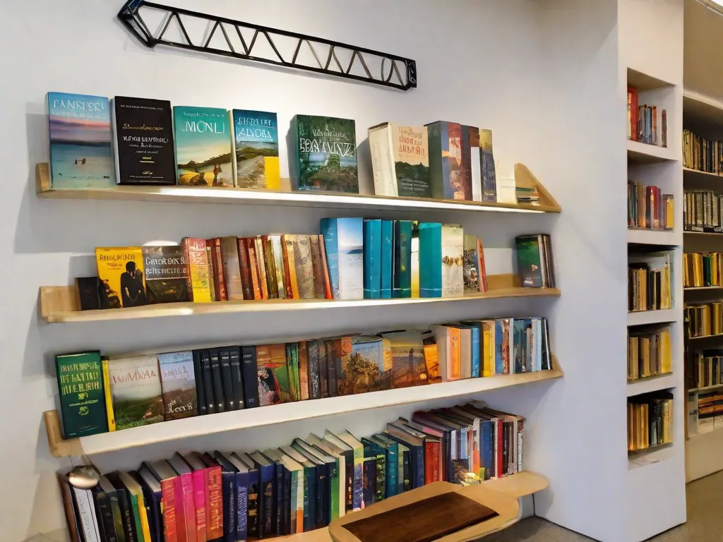 Uma imagem vibrante de uma estante de livros repleta de obras coloridas que representam trabalhos icônicos da literatura brasileira. Os livros estão em pé, simbolizando o impacto da literatura brasileira no cenário global. Raios de luz brilham nos livros, destacando sua influência e iluminando o mundo com a riqueza da narrativa brasileira.