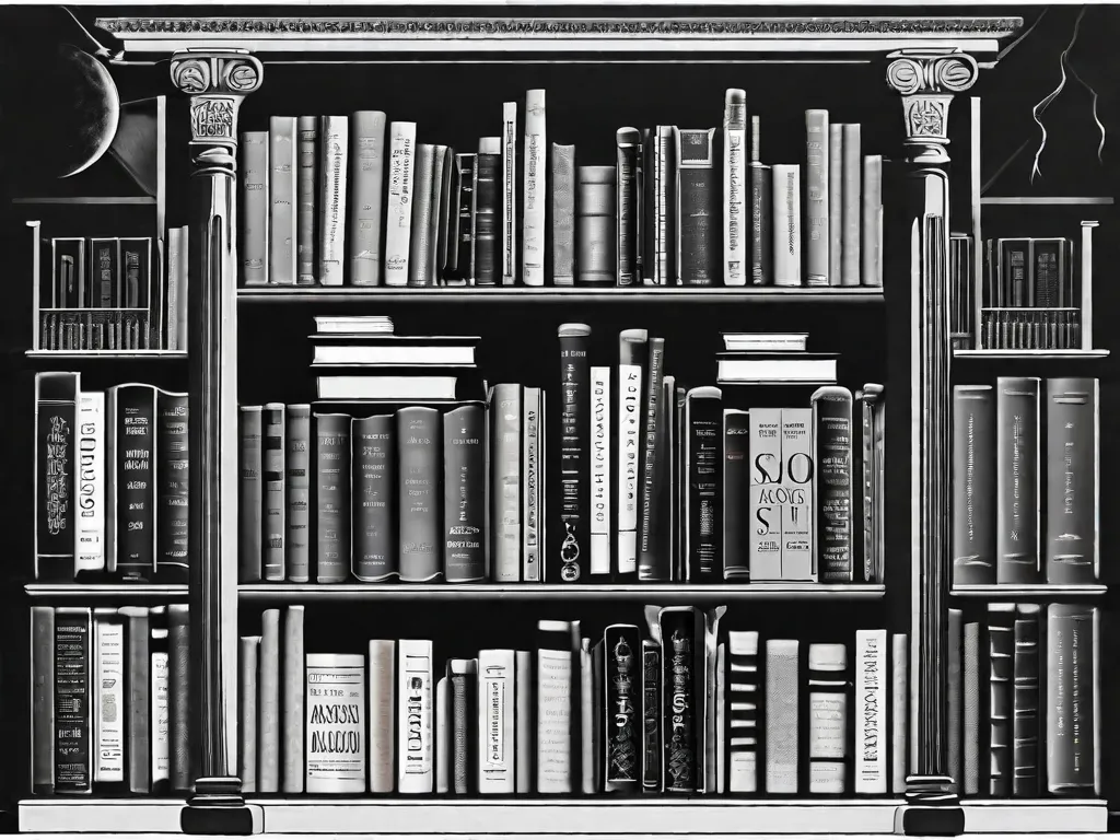 Descrição da imagem: Uma fotografia em preto e branco de uma estante de livros cheia de vários livros. Os livros estão organizados de forma a criar uma representação visual da influência da mitologia grega na literatura moderna. Os títulos dos livros estão escritos em negrito, destacando obras como