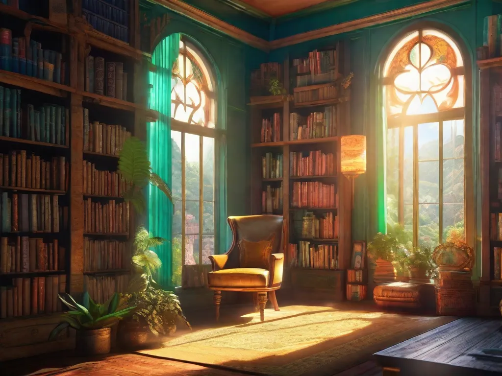 Na imagem, uma estante de livros vibrante se destaca, adornada com capas lindamente ilustradas de romances de fantasia brasileiros. Raios de sol filtram-se por uma janela próxima, iluminando as páginas e dando vida aos mundos mágicos dentro delas. A imagem captura a empolgação e o ressurgimento da literatura de fantasia no Brasil em 2023.
