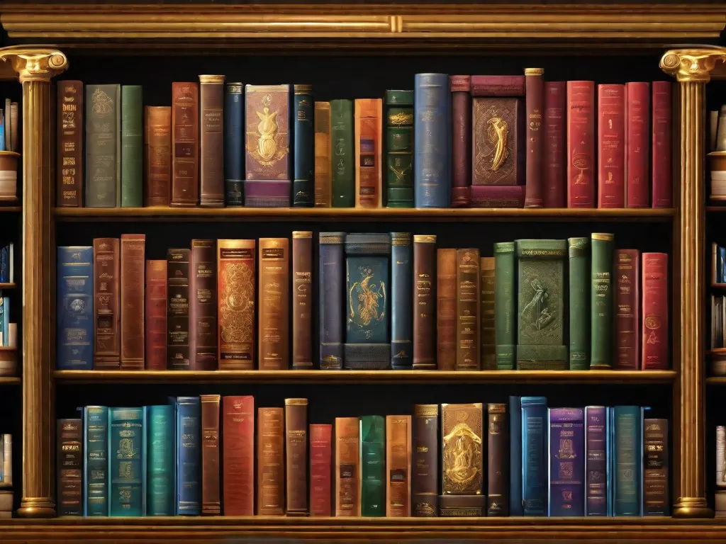 Uma imagem vibrante de uma estante de livros repleta de romances modernos, adornada com ilustrações intricadas inspiradas na Grécia. Os títulos proeminentes como