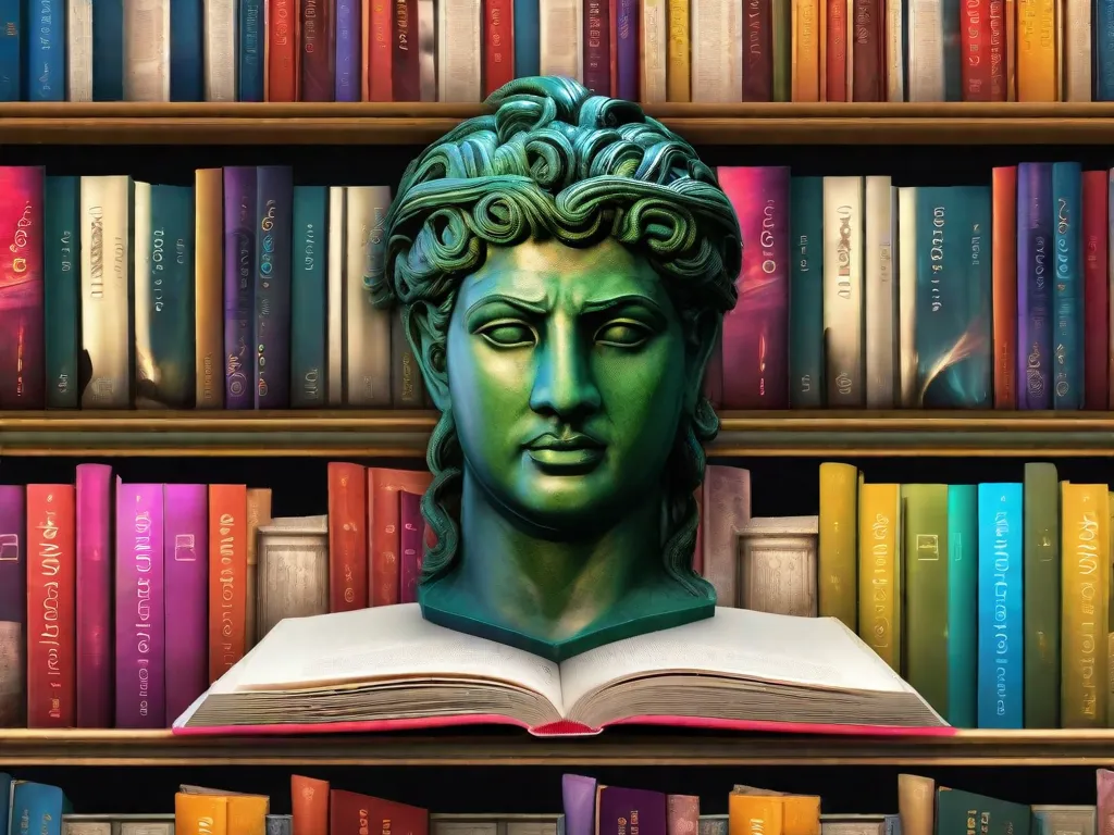 Uma imagem vibrante de uma estante de livros moderna cheia de uma variedade de livros, cada capa retratando um personagem mitológico diferente. De Medusa a Zeus, essas obras contemporâneas da literatura reimaginam lindamente os mitos antigos, convidando os leitores a explorar os contos atemporais por meio de perspectivas novas e narrativas cativantes.