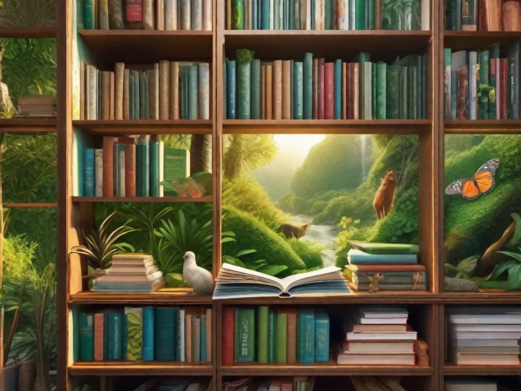 Descrição da imagem: Uma prateleira vibrante cheia de livros que retratam vários aspectos da natureza e do meio ambiente. Os livros têm capas com paisagens verdes exuberantes, animais e plantas. Um raio de sol brilha através de uma janela próxima, iluminando os livros e criando uma sensação de inspiração e conexão com a natureza.