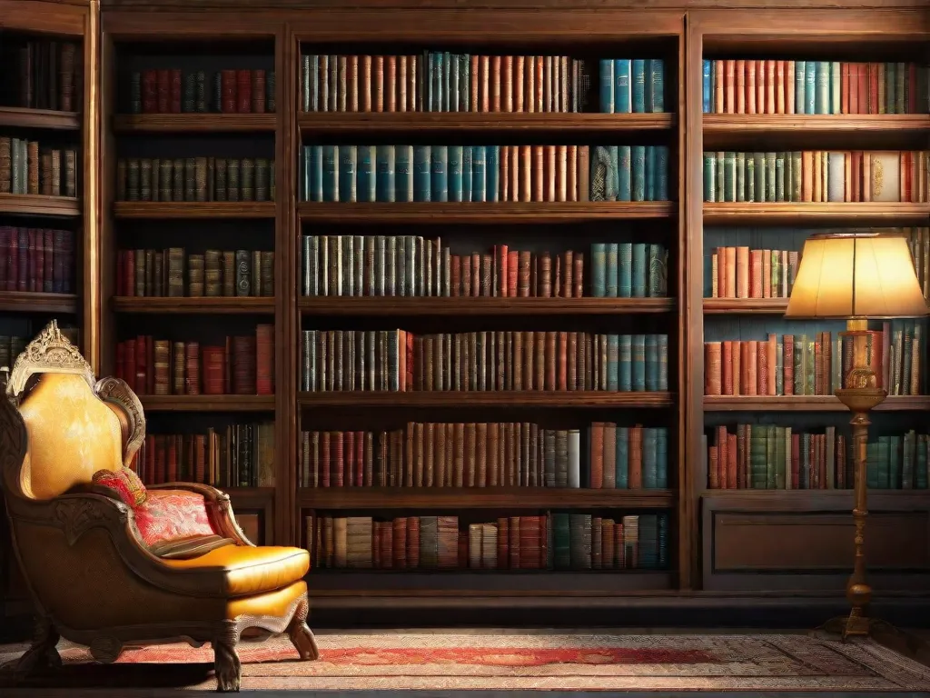 Uma imagem de uma estante de livros lindamente adornada, exibindo uma coleção de obras-primas literárias persas, como as obras de Rumi, Hafez e Ferdowsi. Os livros são um testemunho da sabedoria atemporal, da beleza poética e do impacto profundo da literatura persa na cultura global.