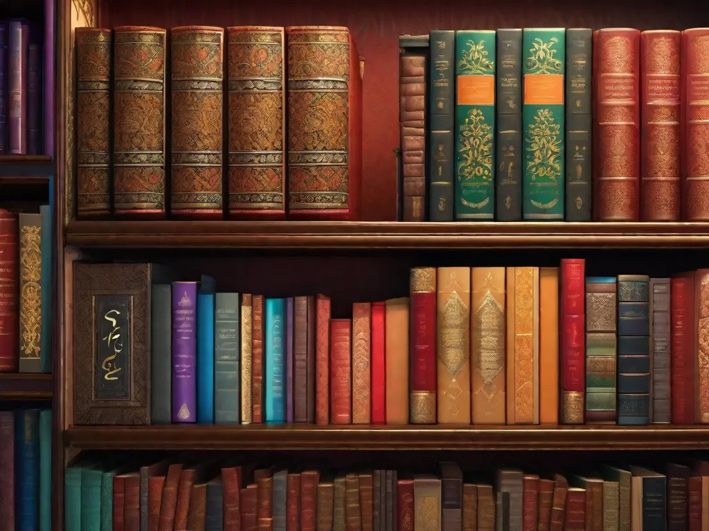 Uma imagem vibrante de uma estante de livros repleta de obras lindamente encadernadas, representando a rica herança literária da literatura persa. Os livros exibem caligrafia intricada e são adornados com ilustrações coloridas, simbolizando o profundo impacto da literatura persa na cultura global.