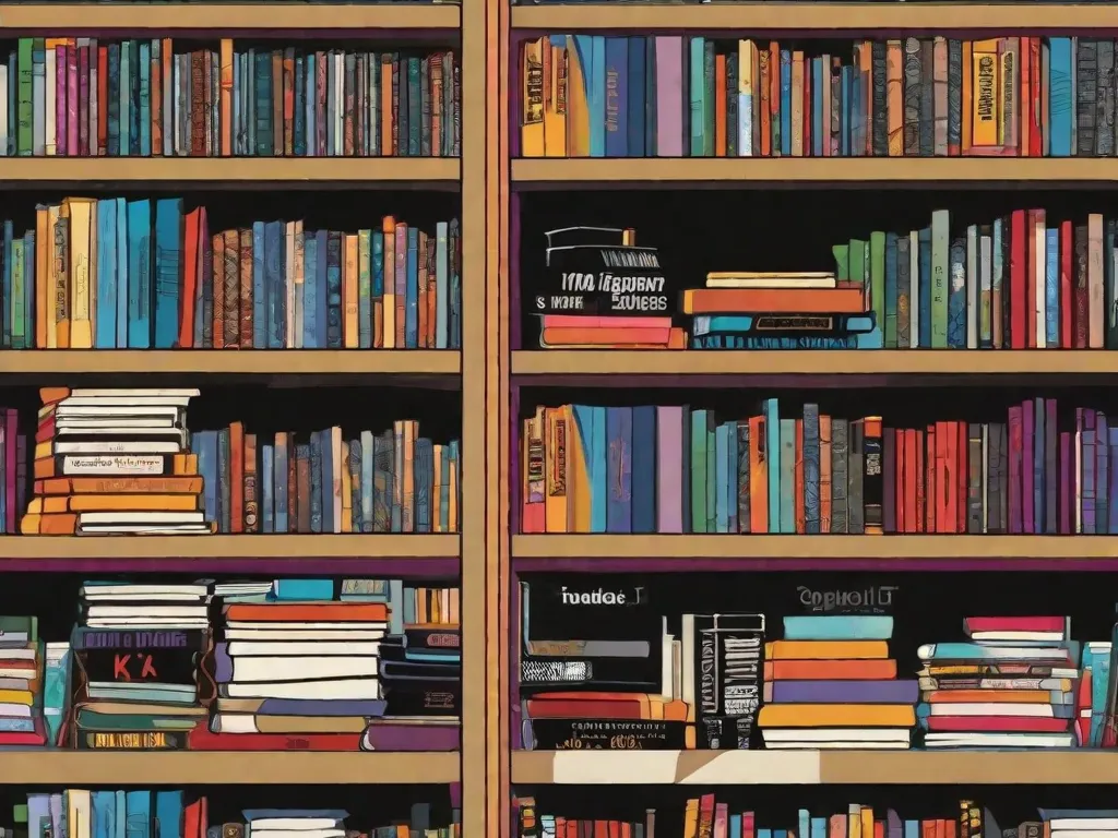 Descrição da imagem: Um close-up de uma estante cheia de graphic novels e quadrinhos. Os livros estão organizados de forma arrumada, exibindo uma variedade de capas coloridas e ilustrações intricadas. A imagem captura a diversidade de estilos de narrativa e gêneros encontrados no mundo das graphic novels.