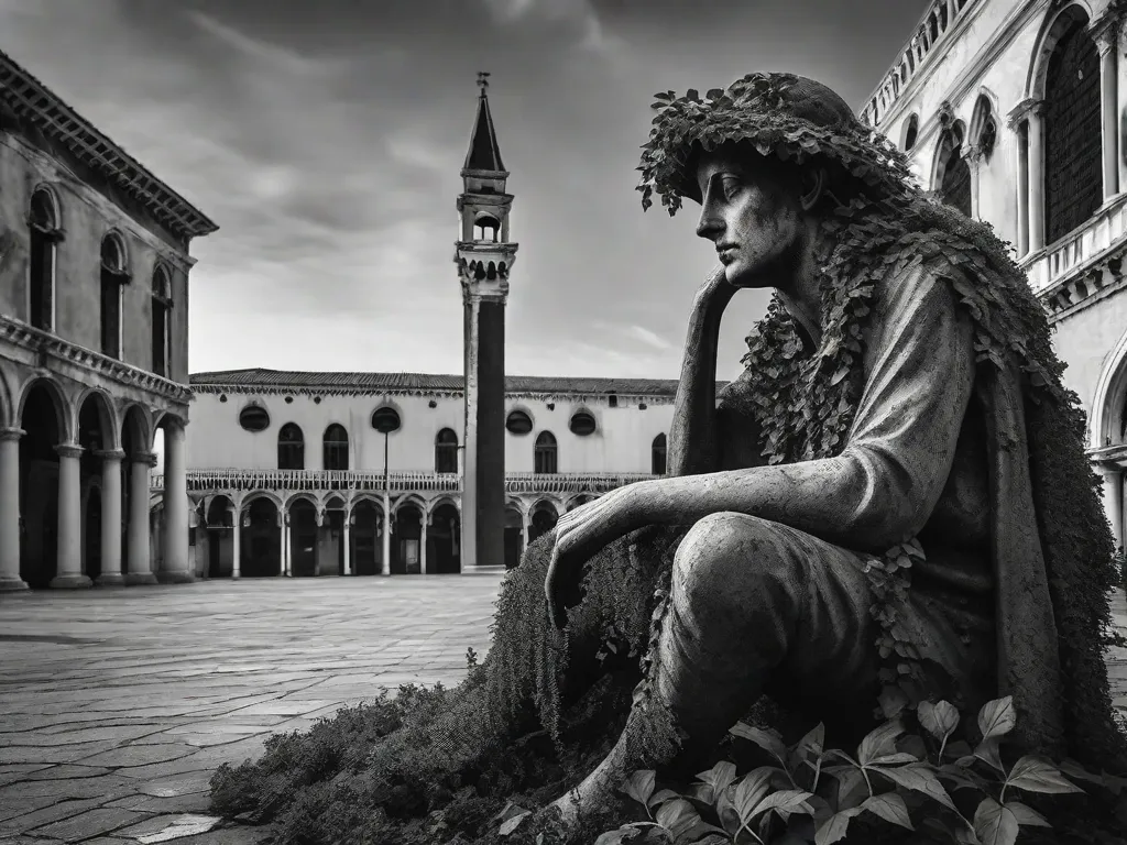 Uma imagem em preto e branco de uma estátua em decomposição em uma praça deserta, com hera subindo por suas pernas e musgo cobrindo seu rosto. A estátua representa a beleza e o encanto decadentes de Veneza, refletindo a obsessão do protagonista com o conceito idealizado de beleza em