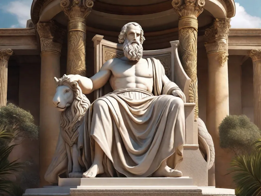 A imagem retrata uma majestosa estátua do antigo poeta grego Homero, segurando uma pena e um pergaminho. Atrás dele, um cenário de ruínas antigas e criaturas míticas simboliza a rica tapeçaria da história e mitologia que ele criou através de seus poemas épicos, moldando os fundamentos da narrativa ocidental.