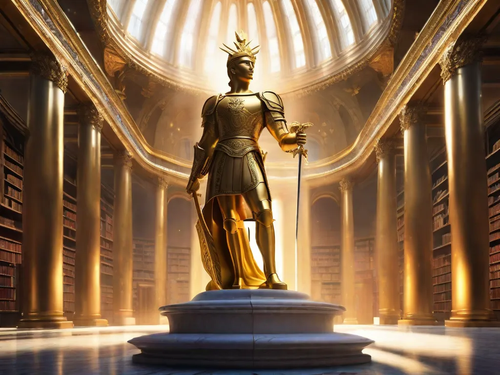 Descrição da imagem: Uma majestosa estátua dourada ergue-se no centro de uma biblioteca grandiosa. A estátua retrata uma figura heroica, adornada com armadura e segurando uma espada, simbolizando os personagens épicos da literatura. Raios de sol iluminam a estátua, lançando um brilho cativante, inspirando os leitores a embarcar em suas próprias