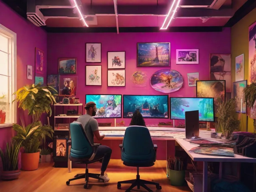 Uma imagem vibrante mostrando um estúdio de animação colorido, com artistas imersos em seu trabalho. A sala está cheia de esboços, storyboards e telas de computador exibindo vários personagens animados. Ela captura a essência da criatividade e a magia de dar vida a mundos animados.