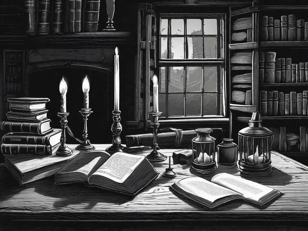 Descrição da imagem:
Uma ilustração em preto e branco de uma sala de estudo com pouca iluminação, com uma escrivaninha de madeira. Na escrivaninha, há livros antigos e desgastados com os títulos
