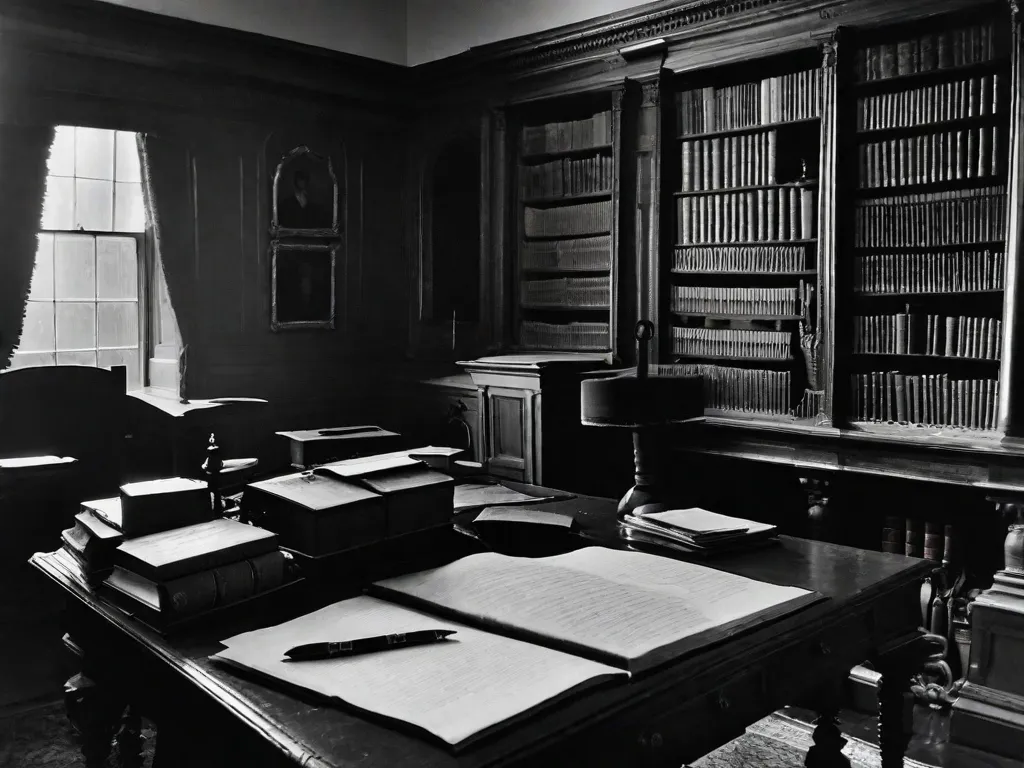 Descrição da imagem: Uma fotografia em preto e branco de uma sala de estudo vitoriana com pouca iluminação, com uma mesa coberta de papéis e penas de escrever. Na mesa, há livros abertos com páginas desgastadas, incluindo