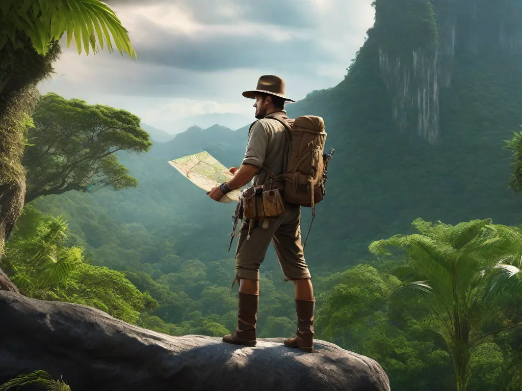 Uma imagem emocionante de um destemido explorador em pé na beira de um penhasco imponente, com vista para uma selva exuberante. O aventureiro está vestido com roupas resistentes, segurando um mapa e um chicote, lembrando Indiana Jones. A cena transmite uma sensação de emoção e aventura, convidando os espectadores a embarcarem em suas próprias jornadas emocion