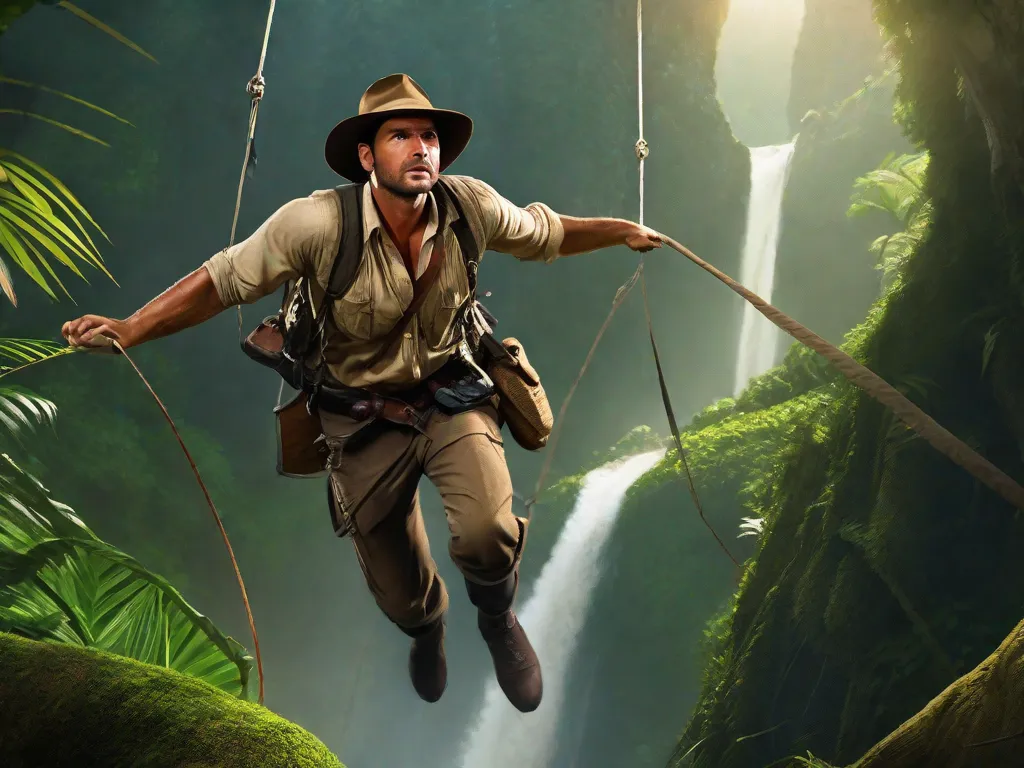 Uma imagem de um explorador destemido em pé na beirada de um penhasco, observando uma vasta selva. Ele está usando um chapéu fedora e segurando um chicote, lembrando Indiana Jones, mas com um toque moderno. O cenário inclui ruínas antigas e uma sensação de mistério e aventura.