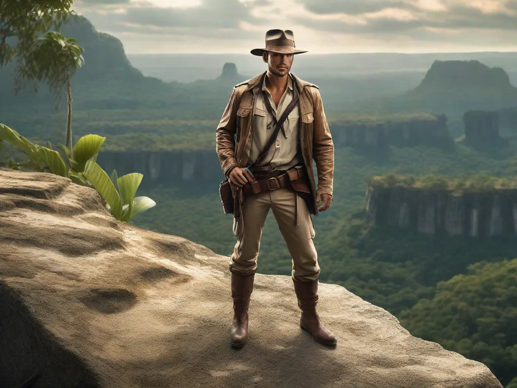 Uma imagem de um explorador destemido em pé na beirada de um penhasco, observando uma vasta selva. Ele está usando um chapéu fedora e segurando um chicote, lembrando Indiana Jones, mas com um toque moderno. O cenário inclui ruínas antigas e uma sensação de mistério e aventura.
