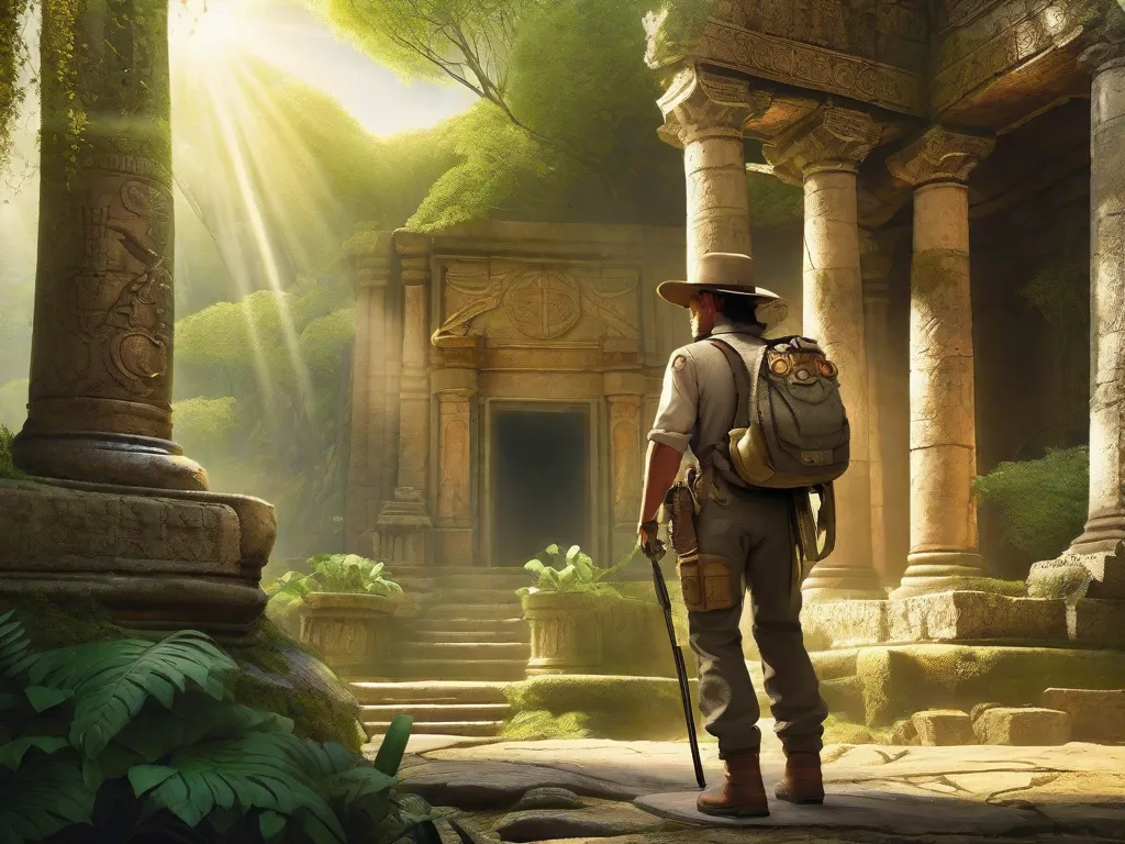 Descrição: Uma imagem de um explorador destemido em pé na entrada de um antigo templo, adornado com videiras e musgo. O explorador segura um mapa empoeirado em uma mão e uma bússola na outra, pronto para embarcar em uma emocionante aventura reminiscente de Indiana Jones. Os raios dourados do sol iluminam a cena, adicionando um ar de mistério e intriga.