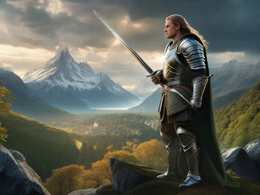 A imagem retrata uma paisagem mítica com montanhas imponentes, florestas exuberantes e um grande castelo ao longe. Um bravo guerreiro, vestido com uma armadura intricada e empunhando uma espada mágica, está na frente, simbolizando o legado duradouro da influência de Tolkien na literatura de fantasia moderna.