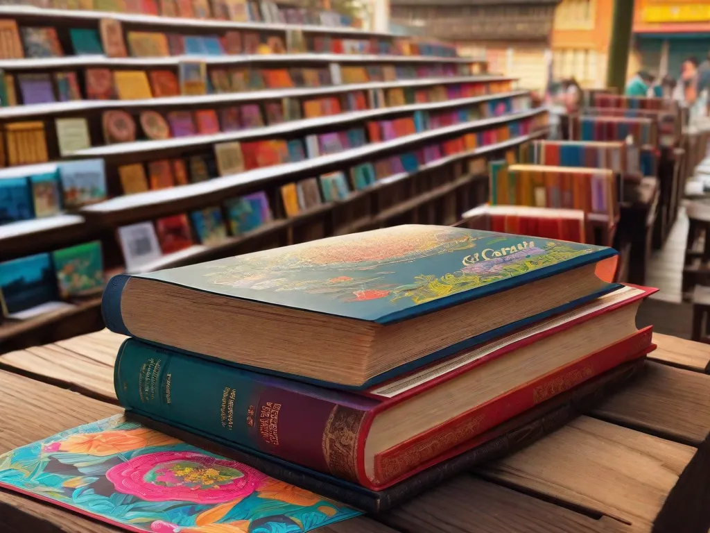 A imagem retrata uma cena de mercado vibrante, com livretos artesanais coloridos expostos em estandes de madeira. Os livros exibem ilustrações intricadas e versos poéticos, representando a rica tradição da literatura de Cordel. Ao fundo, prédios modernos simbolizam a fusão de tradição e modernidade no folclore brasileiro.