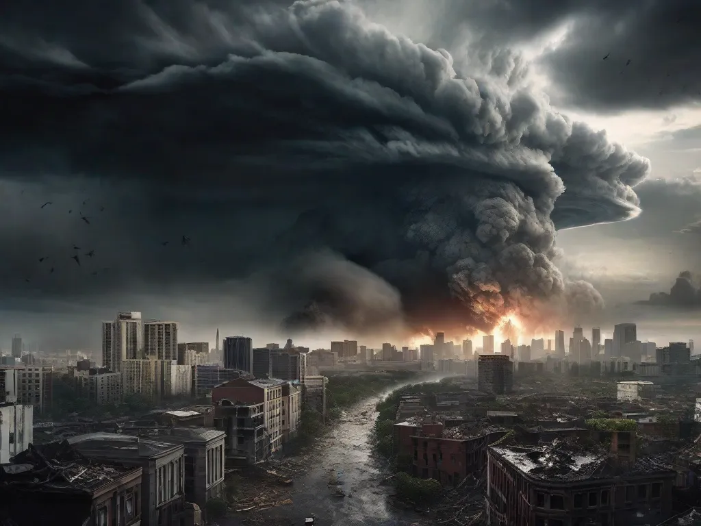 Um pôster de filme representa um céu escuro e ameaçador, com nuvens tempestuosas em turbilhão. Em primeiro plano, uma linha do horizonte da cidade está parcialmente destruída, com prédios em ruínas e destroços espalhados pelas ruas. A imagem captura a intensidade e a devastação de desastres naturais retratados no cinema, evocando uma