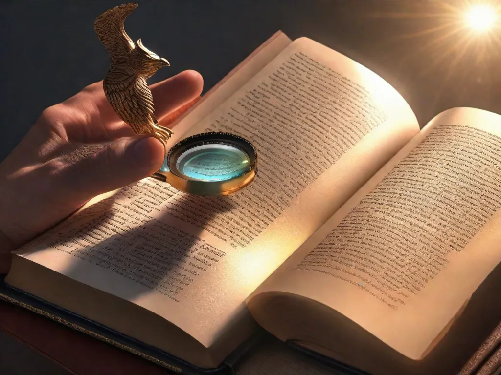 A imagem retrata uma pessoa em pé na beira de um livro vasto e aberto, simbolizando a jornada de explorar a filosofia. A pessoa está segurando uma lupa, examinando os detalhes e conceitos intrincados encontrados nas páginas. Raios de luz iluminam o texto, representando o esclarecimento e a sabedoria adquiridos por meio da exploração filosófica.