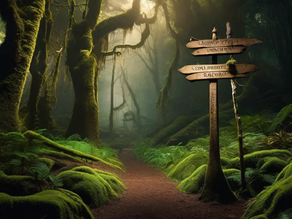 Descrição da imagem: Uma ilustração vibrante mostrando uma floresta mística ao anoitecer, com árvores imponentes adornadas com lanternas brilhantes. No centro, uma figura emerge das sombras, vestindo trajes tradicionais do folclore brasileiro. A figura segura um livro, simbolizando a integração das lendas urbanas e do folclore na literatura brasileira.