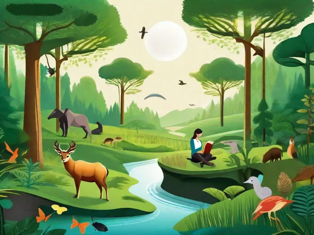 Descrição: Uma imagem retratando uma floresta serena com árvores verdes exuberantes, um rio fluindo e vários animais coexistindo pacificamente. No centro, uma pessoa está absorta na leitura de um livro, cercada por palavras flutuantes como