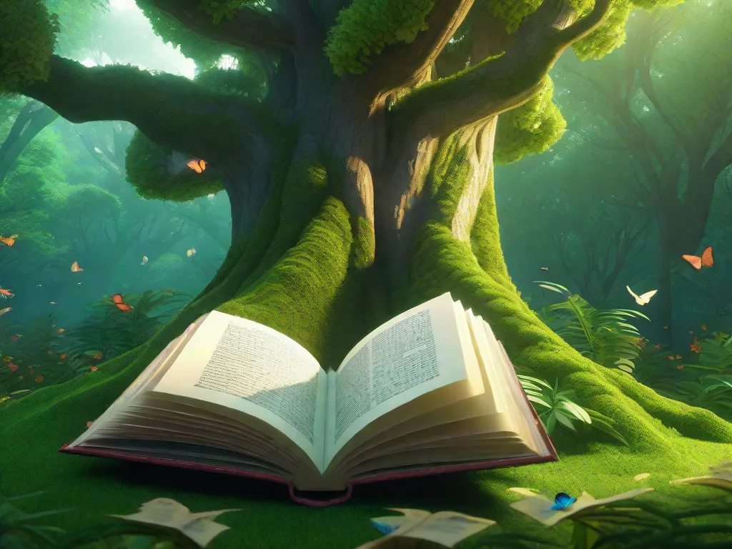 Descrição: Uma ilustração vibrante retrata uma floresta verde exuberante com árvores altas, onde um livro emerge do chão. As páginas do livro são feitas de folhas e suas palavras se transformam em pássaros, borboletas e várias plantas, simbolizando a relação harmoniosa entre a literatura e o meio ambiente.