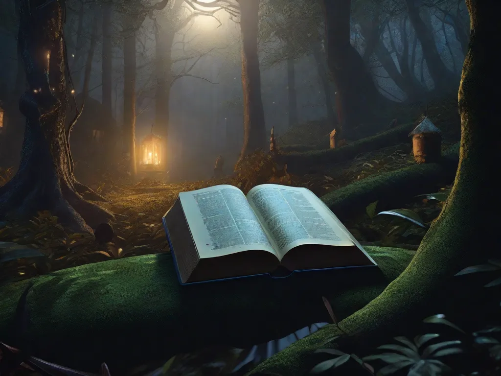 Descrição da imagem: Uma floresta escura iluminada pela luz da lua, com figuras misteriosas espreitando nas sombras. No primeiro plano, um livro com uma capa desgastada exibe símbolos do folclore brasileiro, enquanto páginas cheias de contos assustadores parecem ganhar vida, entrelaçando-se com as árvores ao redor e criando uma atmosfera