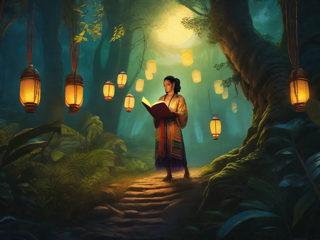 Descrição da imagem: Uma ilustração vibrante mostrando uma floresta mística ao anoitecer, com árvores imponentes adornadas com lanternas brilhantes. No centro, uma figura emerge das sombras, vestindo trajes tradicionais do folclore brasileiro. A figura segura um livro, simbolizando a integração das lendas urbanas e do folclore na literatura brasileira.