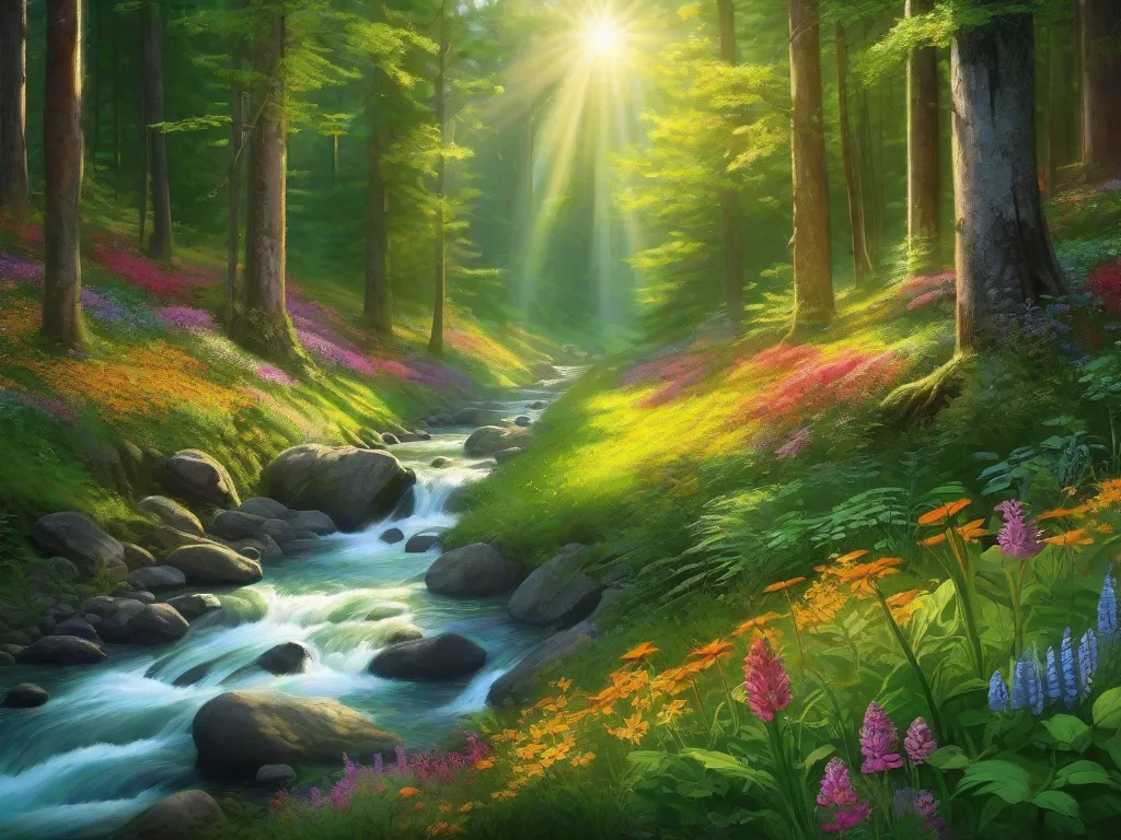 Descrição: Uma imagem vibrante de uma floresta verde exuberante com raios de sol filtrando pelas árvores altas. O chão da floresta é coberto por um tapete de flores silvestres coloridas, e um pequeno riacho serpenteia pela paisagem. Essa imagem simboliza o poder da literatura em transportar os leitores para a beleza da natureza, inspirando-os a