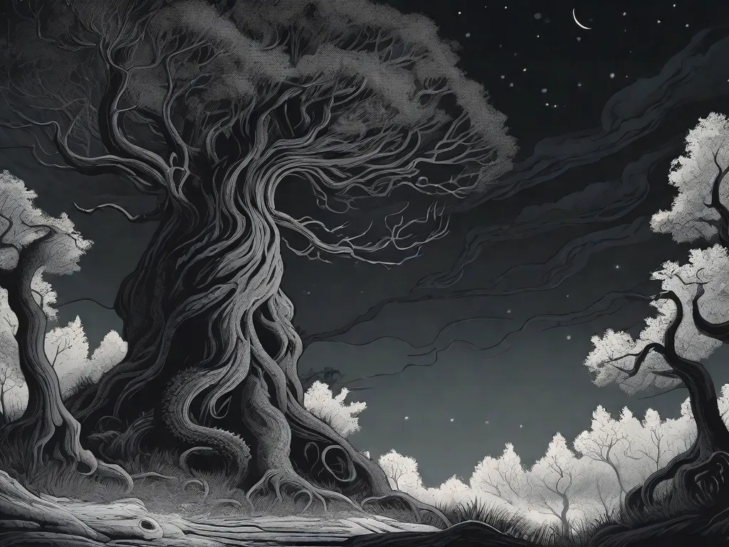 Descrição: Uma floresta escura e sinistra ergue-se alta, com árvores retorcidas e tortuosas alcançando um céu nublado e iluminado pela lua. Estranhas criaturas de outro mundo espreitam nas sombras, seus tentáculos e garras mal visíveis. O ar é denso com uma sensação perturbadora de medo e uma sensação de estar sendo observado por ent
