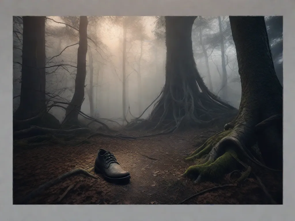 Descrição: Uma imagem de uma floresta escura com árvores retorcidas e uma névoa misteriosa. No primeiro plano, um sapato desgastado está abandonado, simbolizando as dificuldades enfrentadas pelos indivíduos na sociedade. Essa imagem representa as verdades ocultas e as mensagens subjacentes encontradas nos contos de fadas originais, destacando as lutas e desafios